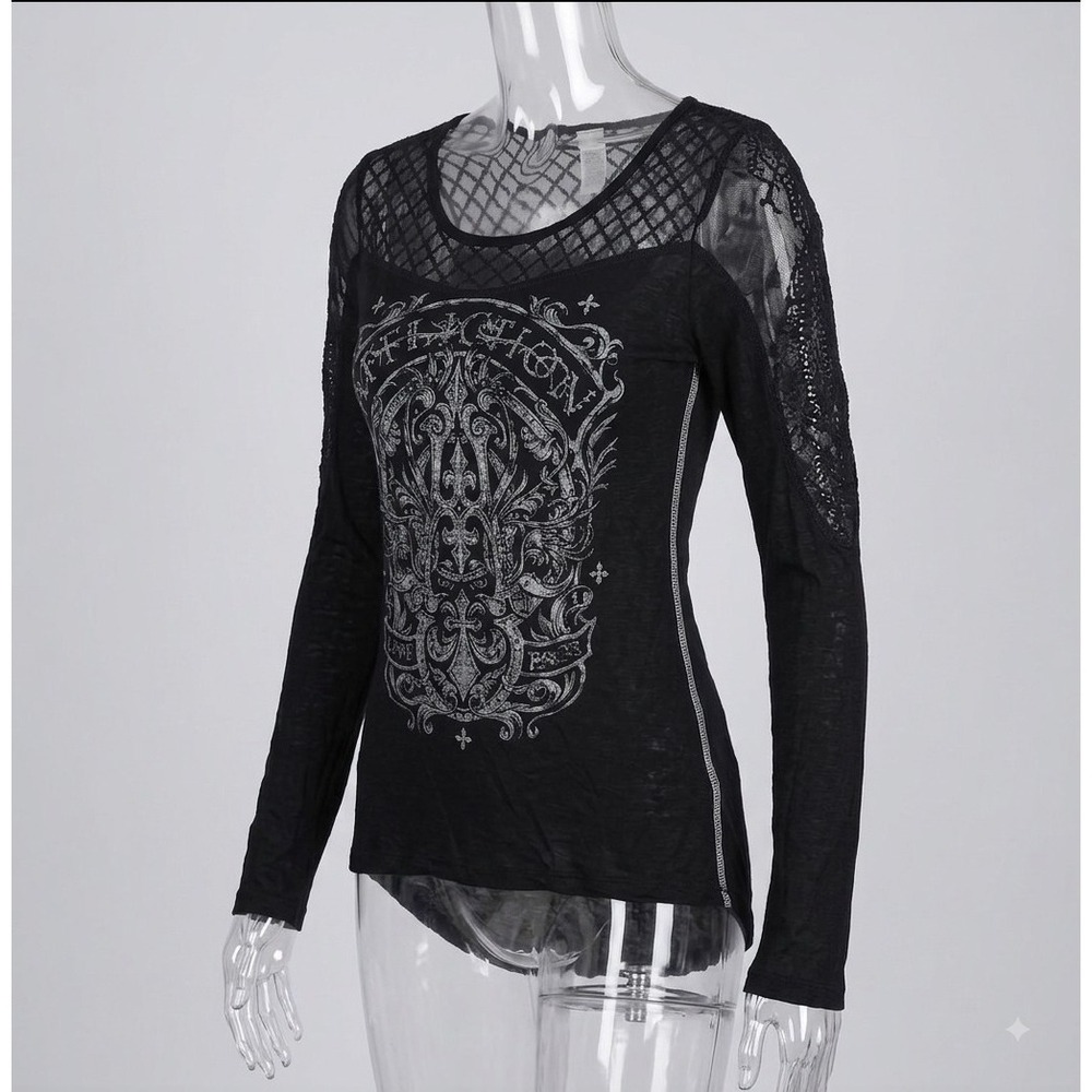 Affliction Vintage Women's Black Lace & Sheer Silver Logo Long Sleeve Top. Sz L